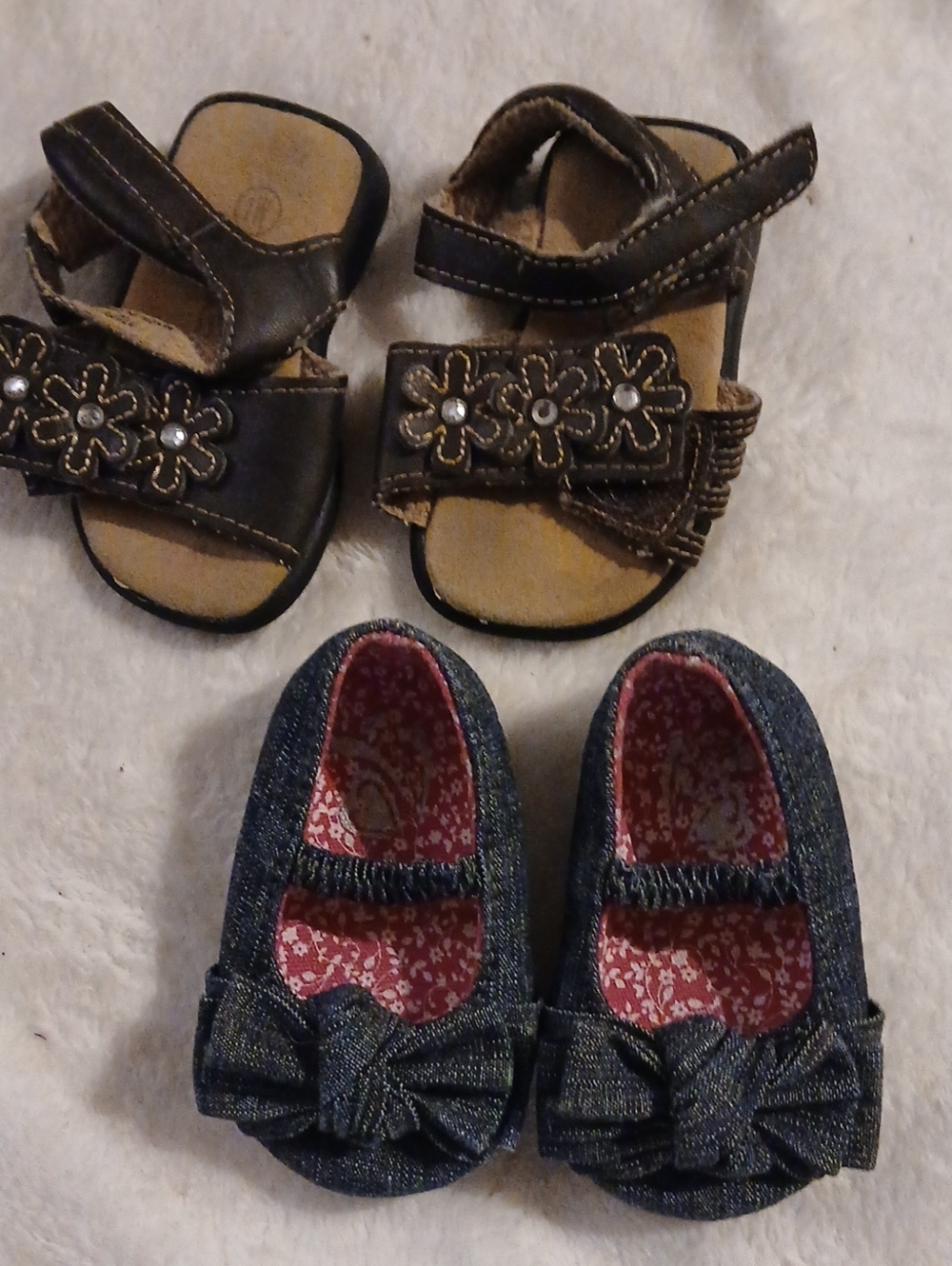 🎵 Denim Bow Mary Jane & Brown Flower Sandals - Baby, Size 1 - By Teeny Toes